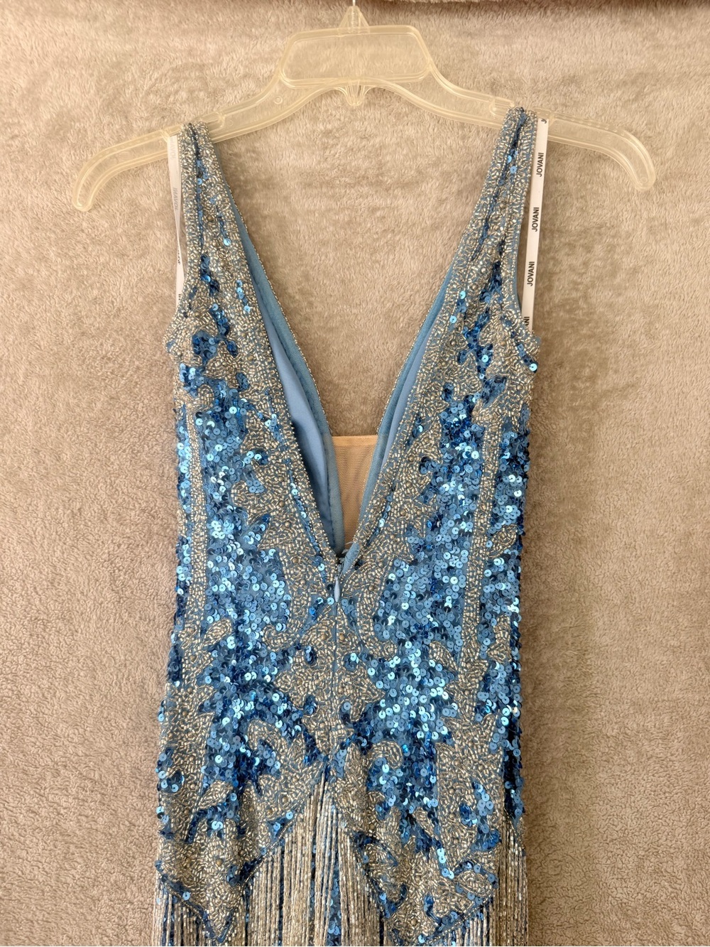 Jovani Blue Silver Sequin Fringe One-Shoulder Dress Sz 0 - Picture 5 of 16